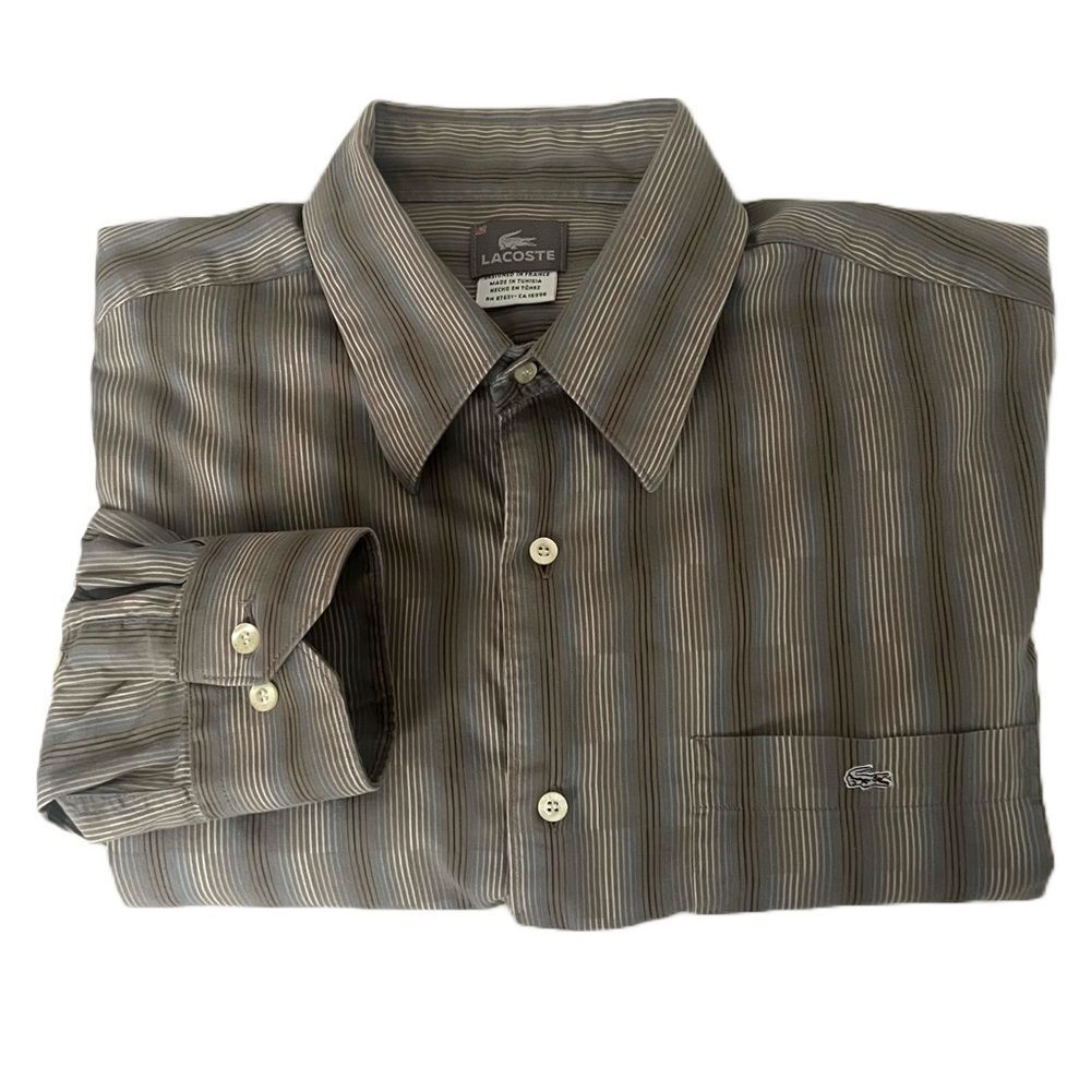 $15 SALE Lacoste Cotton Designer Shirt Mens 42‎ Beige Long Sleeve Preppy